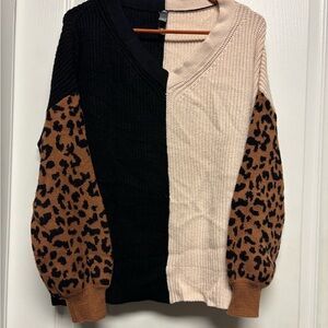 Alya Black and Cream V-Neck Sweater with Leopard Sleeves